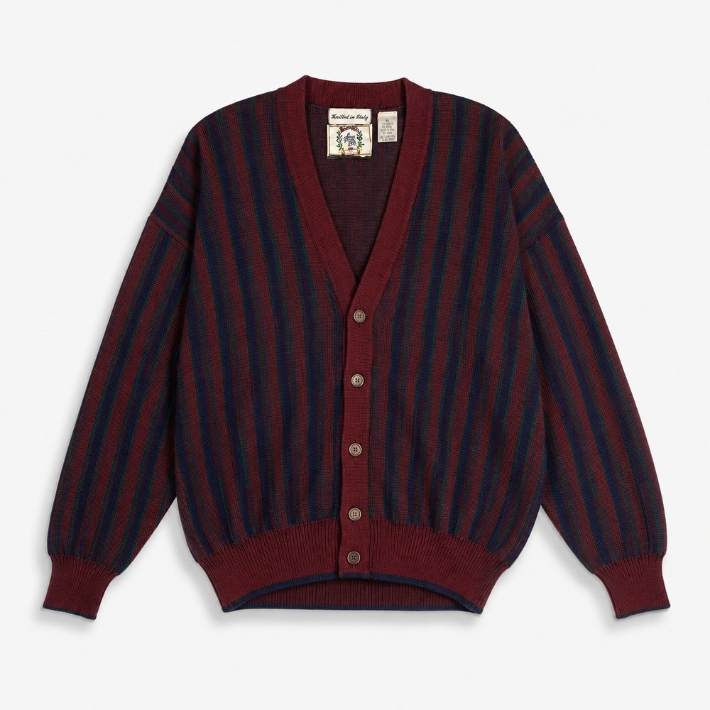 Vintage Sears Roebuck Cardigan Sweater XL Made Italy Striped Grandpa 80s Knit